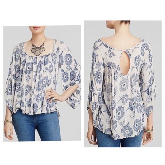 Free People Zoe Printed Grey & Blue Floral Blouse - Picture 2 of 8